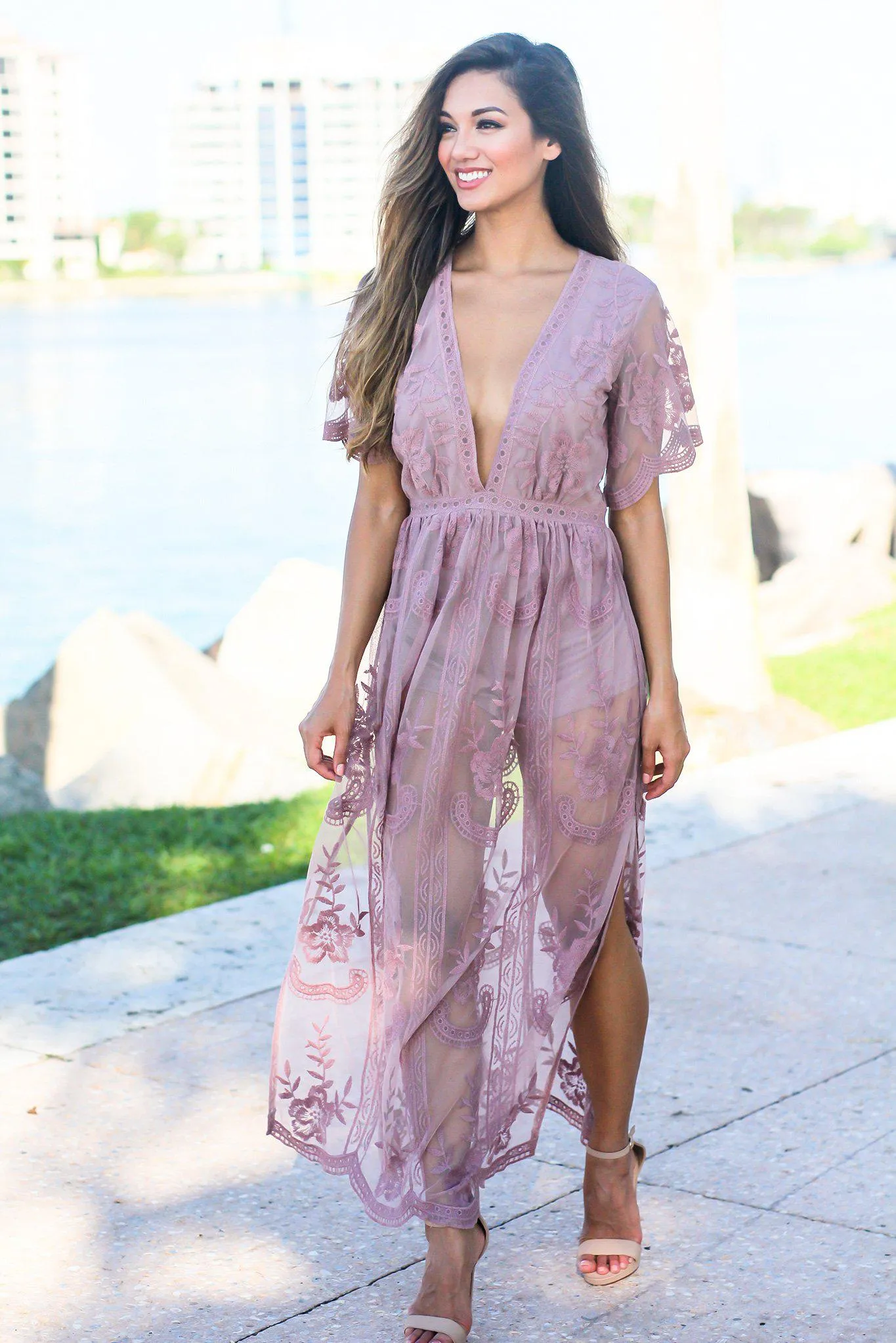 Mauve V-Neck Lace Maxi Romper