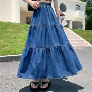 Maxi Long Skirts Women Spring Summer Elastic High Waist Jean Skirt Ladies Splicing A-Line Ruffle Pleated Denim Skirt Plus Size