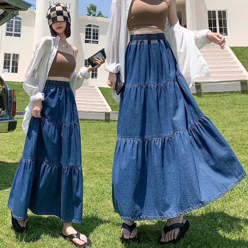 Maxi Long Skirts Women Spring Summer Elastic High Waist Jean Skirt Ladies Splicing A-Line Ruffle Pleated Denim Skirt Plus Size