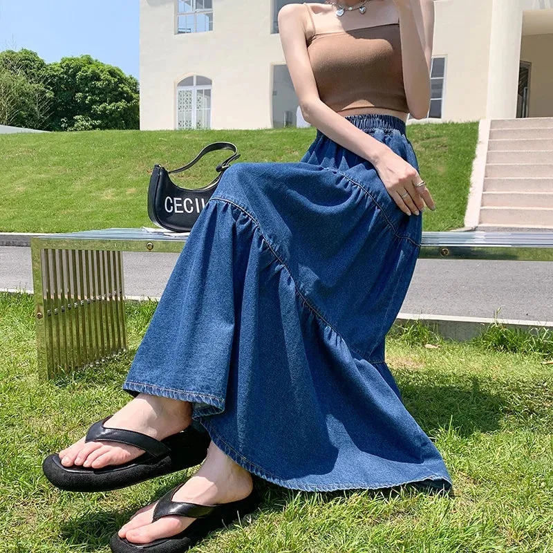 Maxi Long Skirts Women Spring Summer Elastic High Waist Jean Skirt Ladies Splicing A-Line Ruffle Pleated Denim Skirt Plus Size