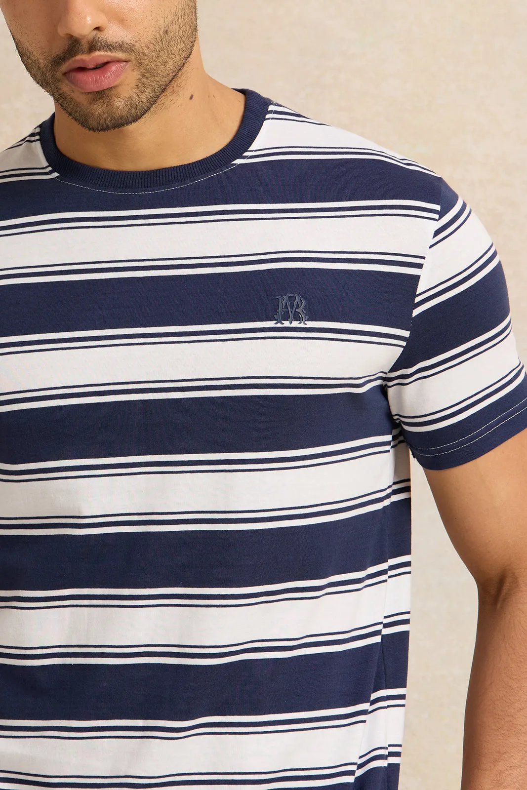 Men White And Navy Striped T-Shirt