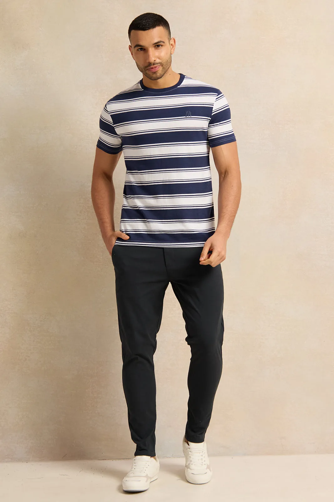 Men White And Navy Striped T-Shirt