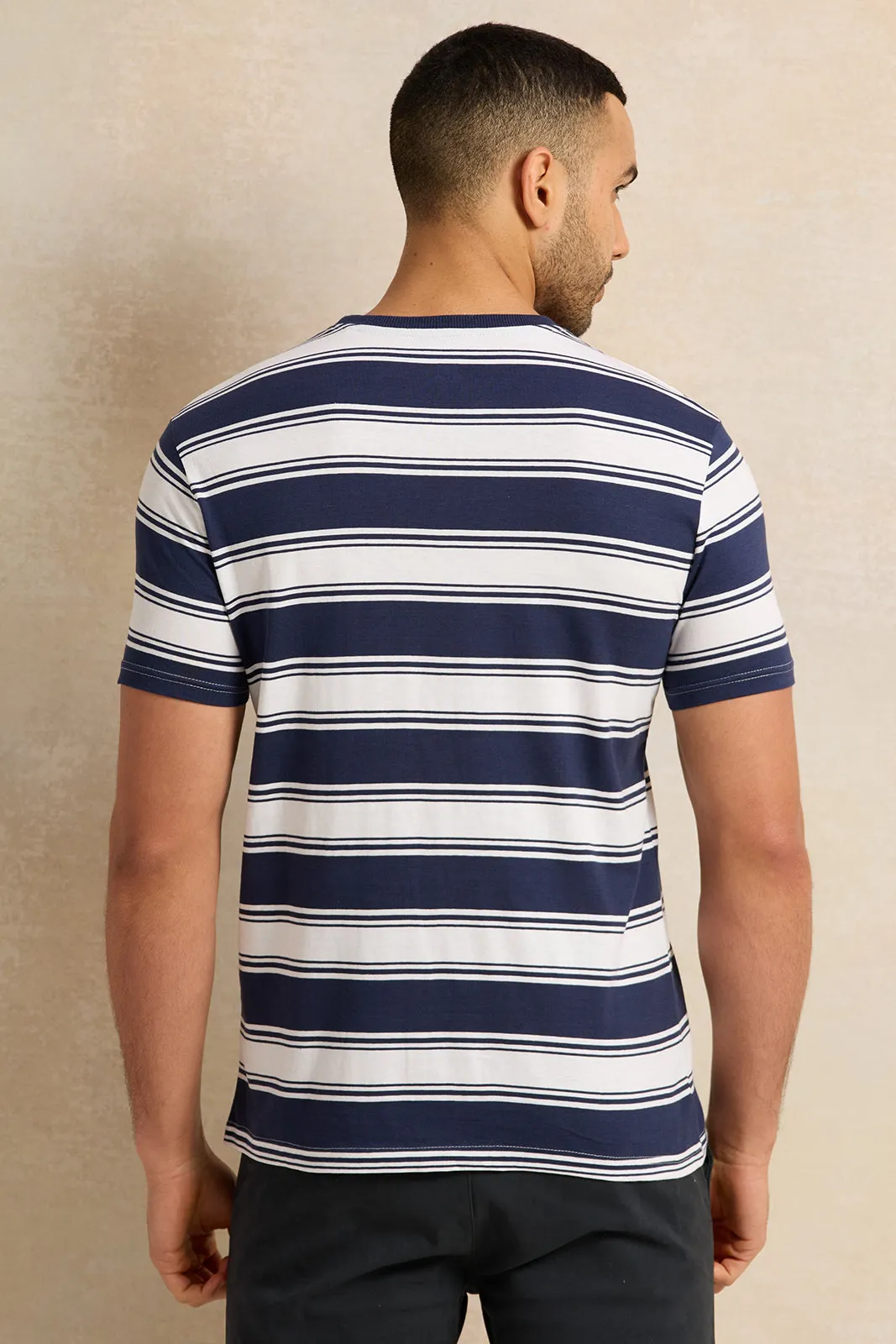 Men White And Navy Striped T-Shirt