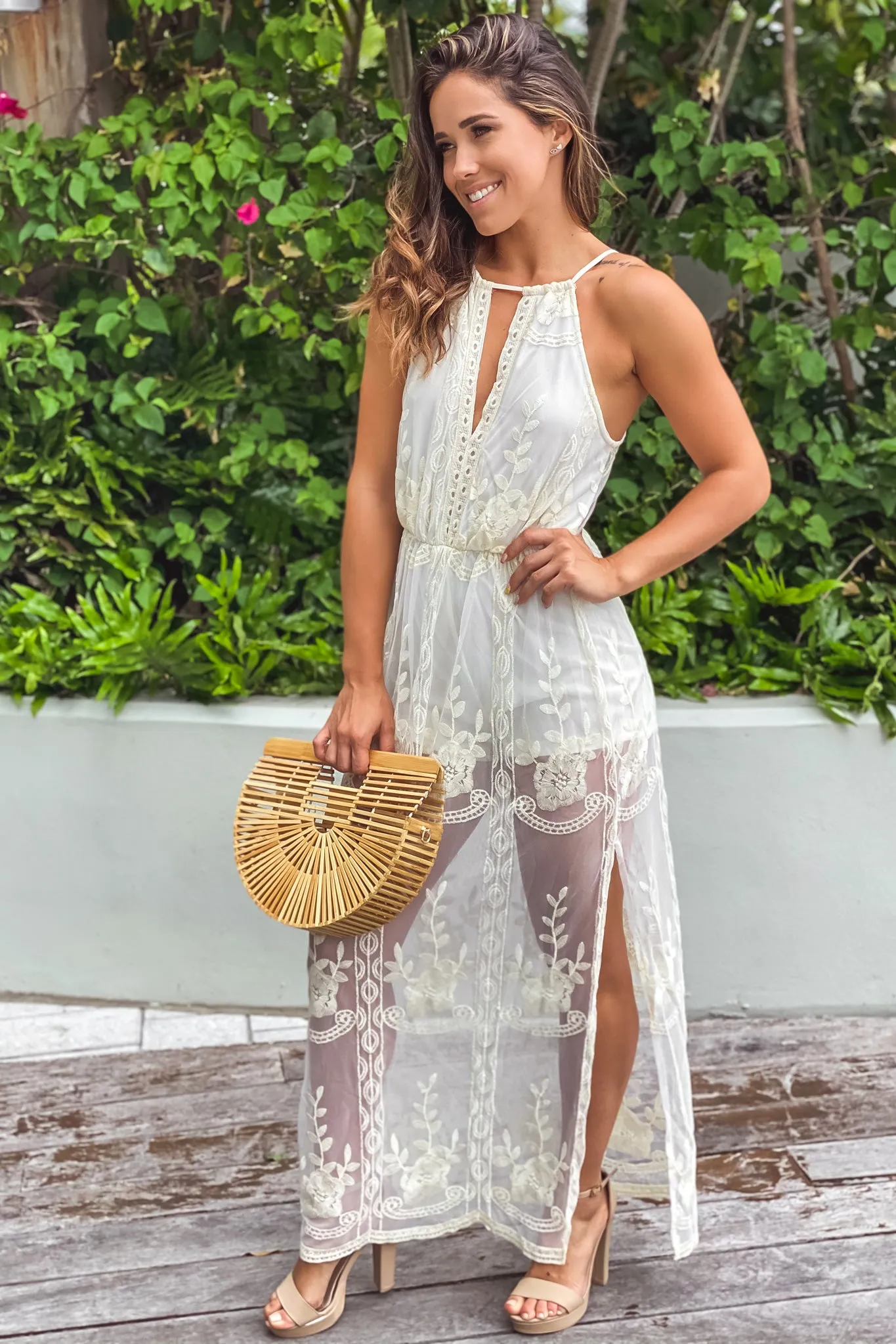 Natural Lace Sleeveless Maxi Romper With Cut Out