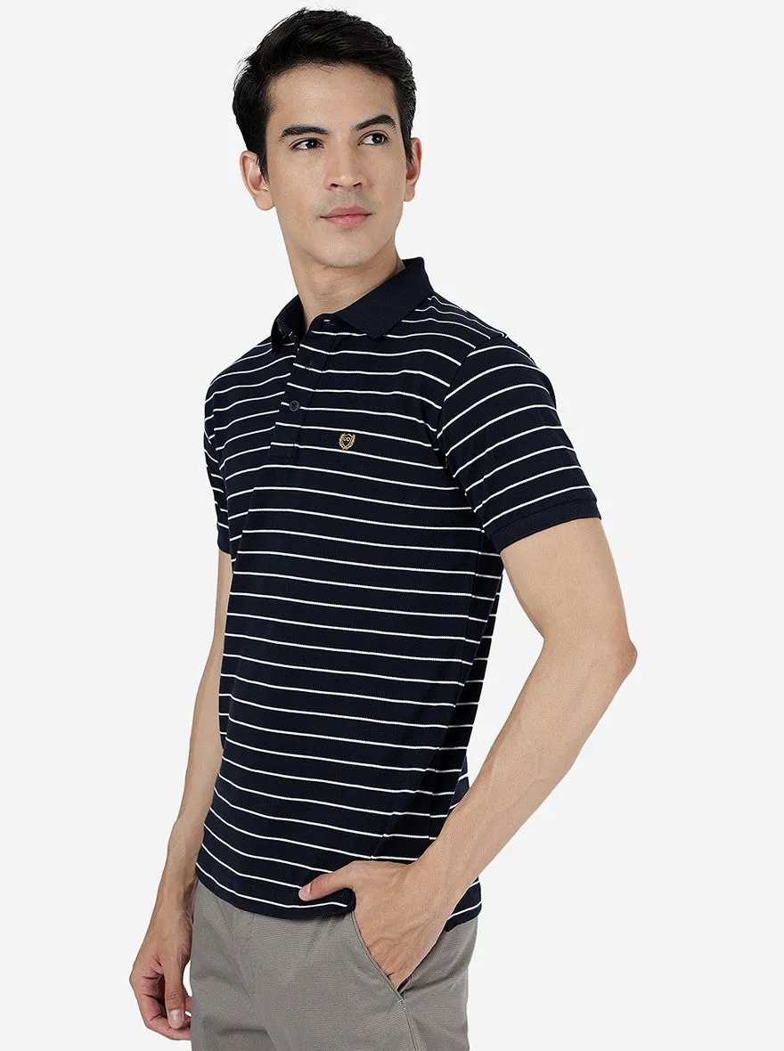 Navy & White Striped Slim Fit Polo T-Shirt | JadeBlue