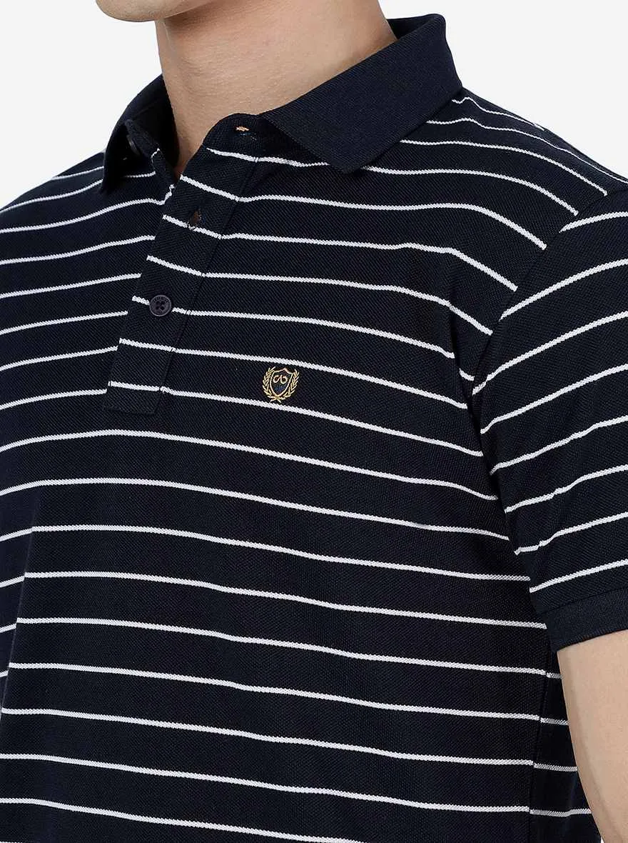 Navy & White Striped Slim Fit Polo T-Shirt | JadeBlue