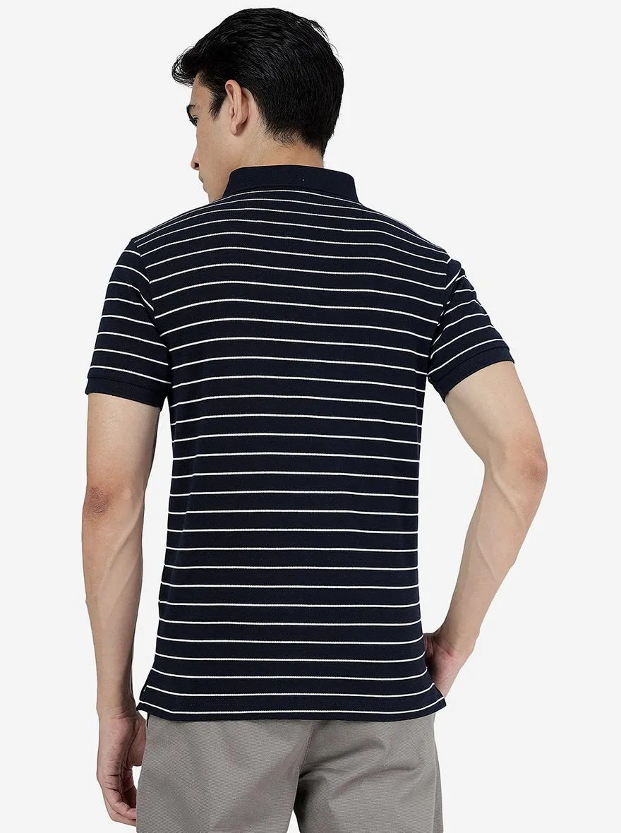 Navy & White Striped Slim Fit Polo T-Shirt | JadeBlue