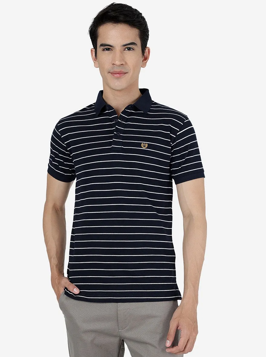 Navy & White Striped Slim Fit Polo T-Shirt | JadeBlue