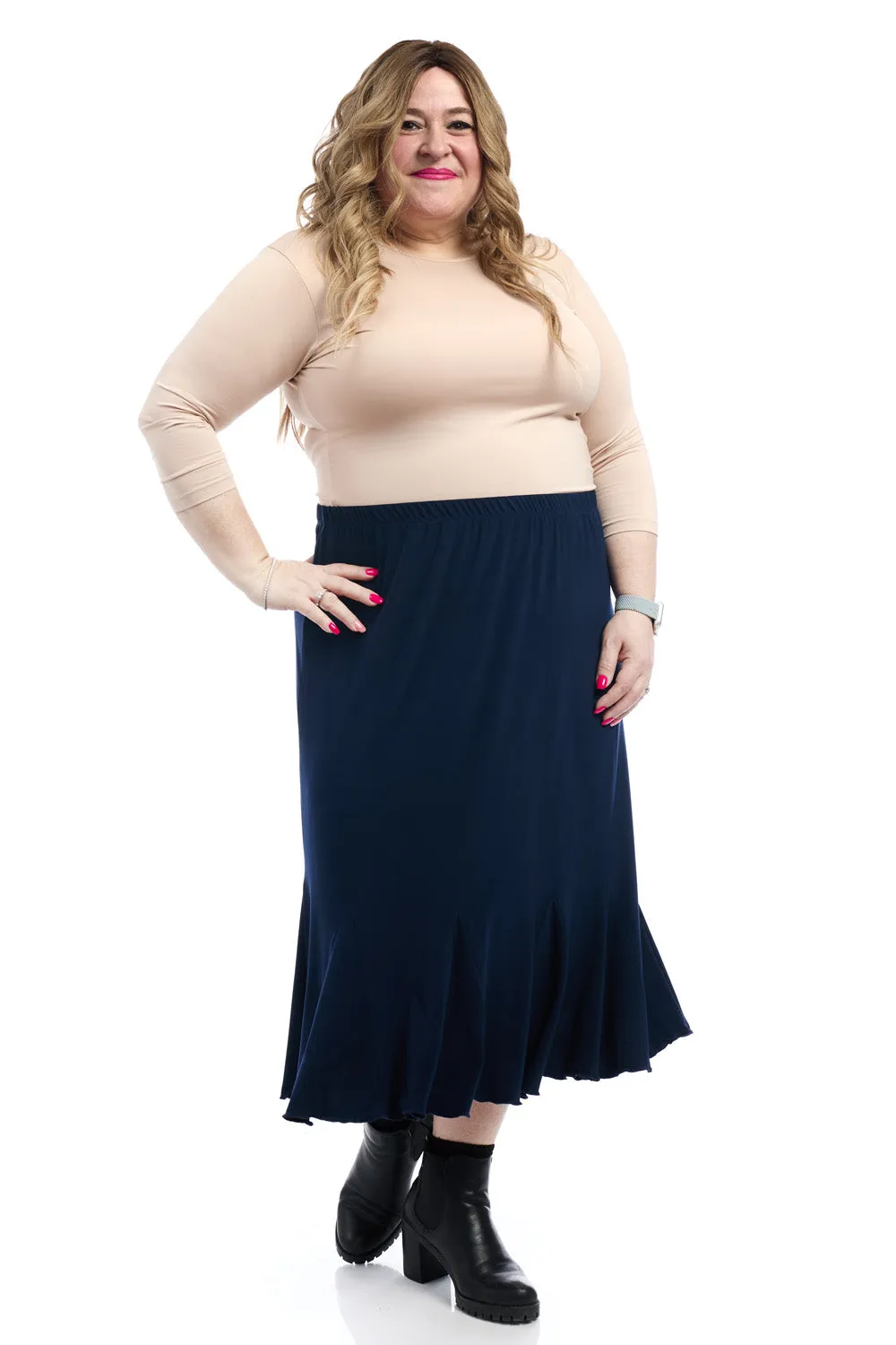 Navy Blue Panel Pleated Flary Midi A-Line Skirt 'Bali'