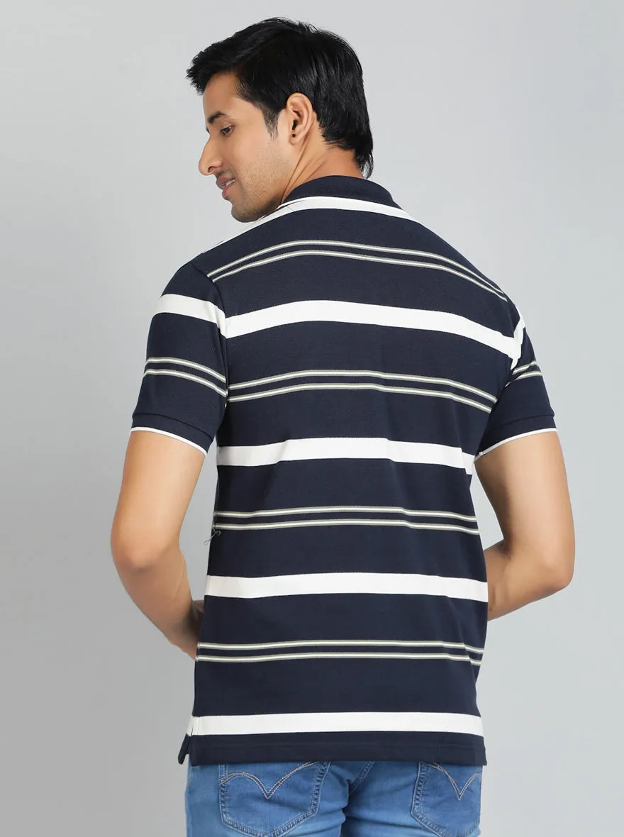 Navy Blue Striped Regular Fit Polo T-Shirt | Greenfibre