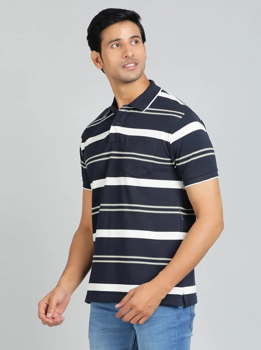 Navy Blue Striped Regular Fit Polo T-Shirt | Greenfibre