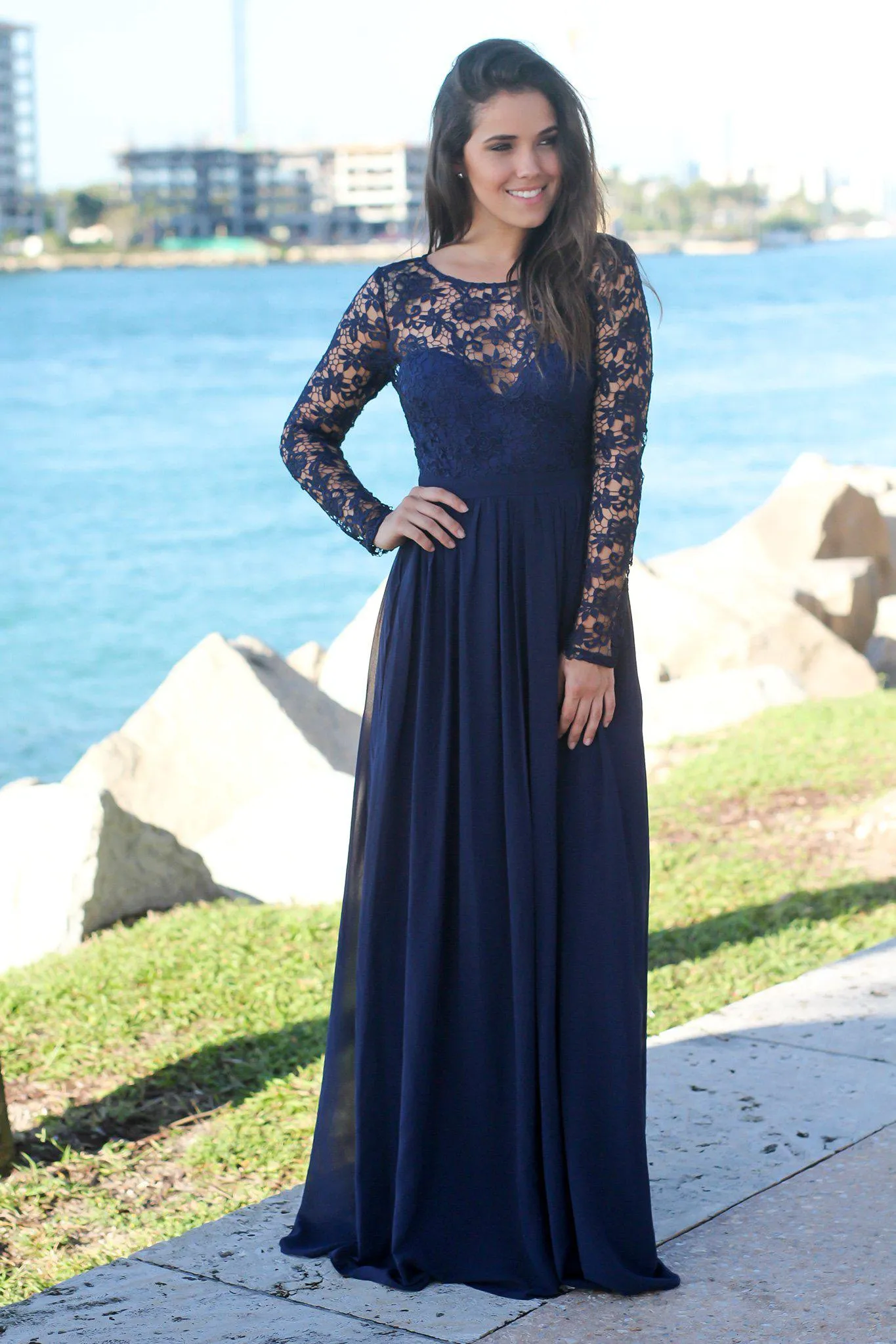 Navy Crochet Top Maxi Dress with Lace Up Back