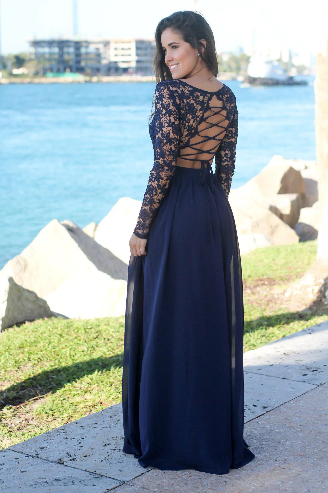 Navy Crochet Top Maxi Dress with Lace Up Back