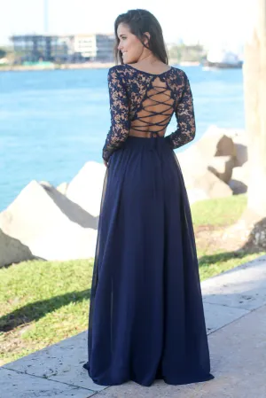 Navy Crochet Top Maxi Dress with Lace Up Back