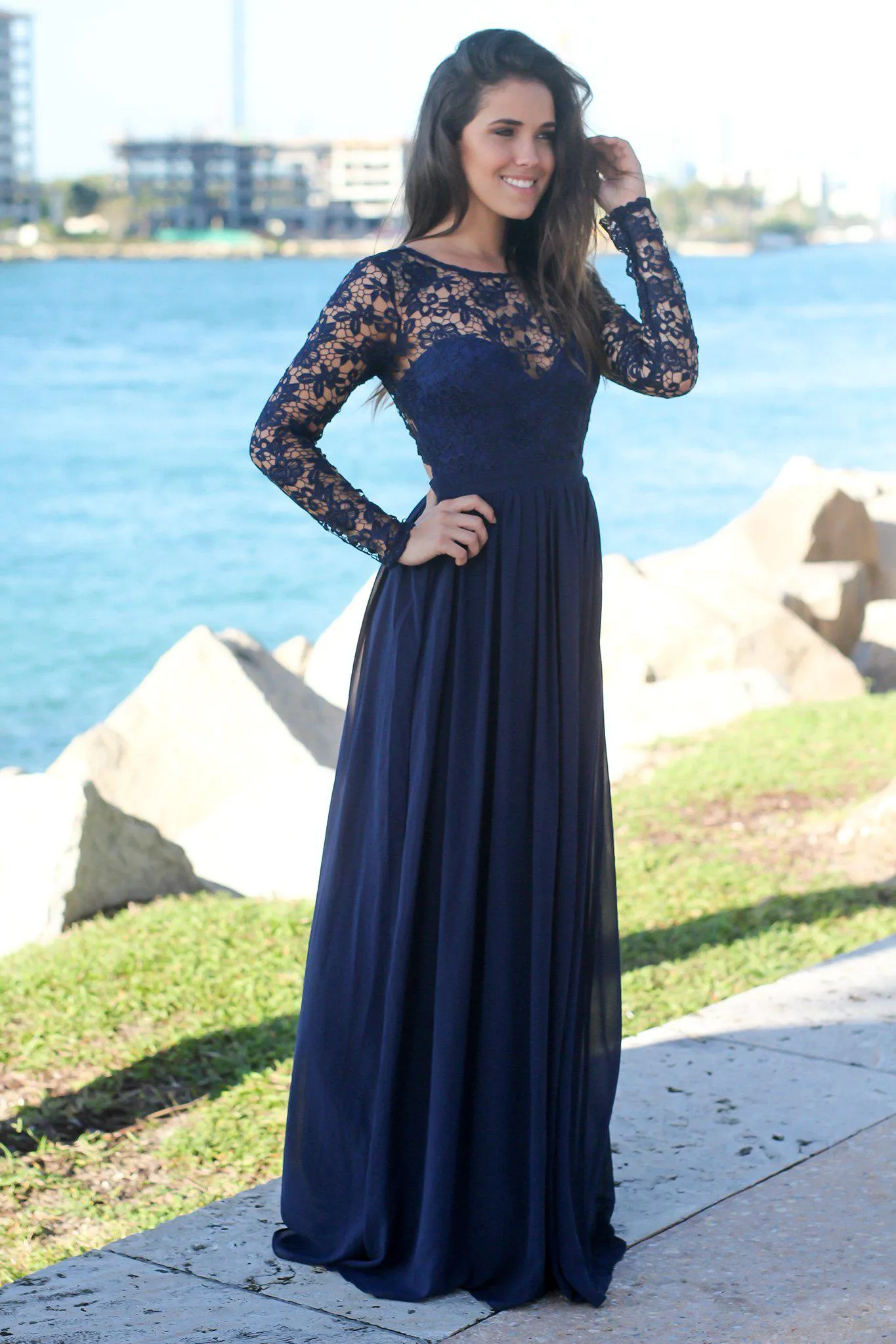 Navy Crochet Top Maxi Dress with Lace Up Back