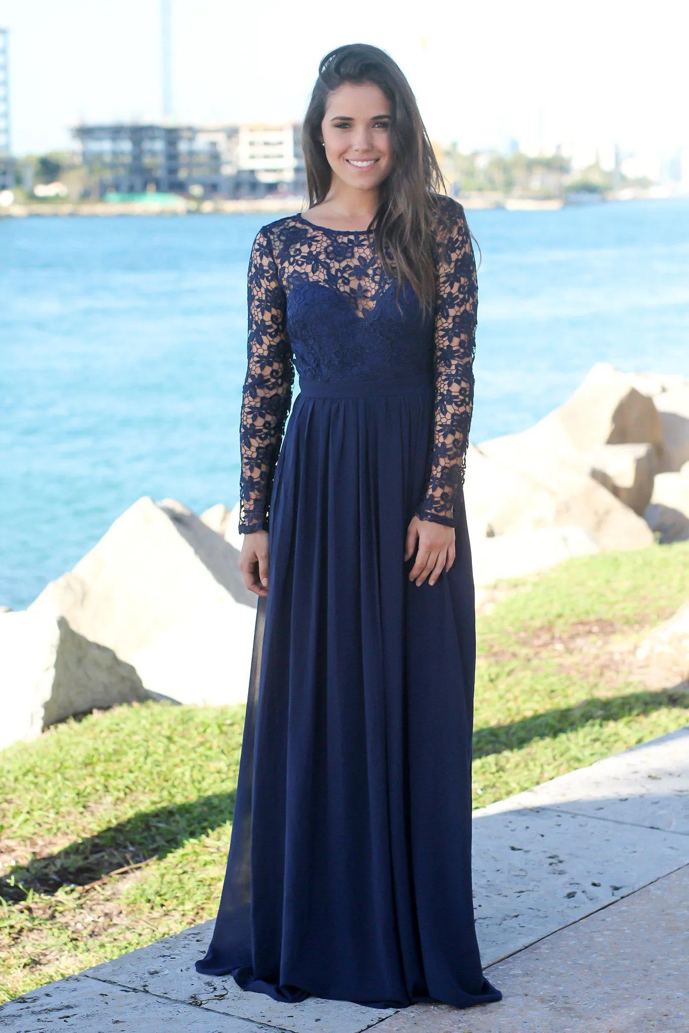 Navy Crochet Top Maxi Dress with Lace Up Back