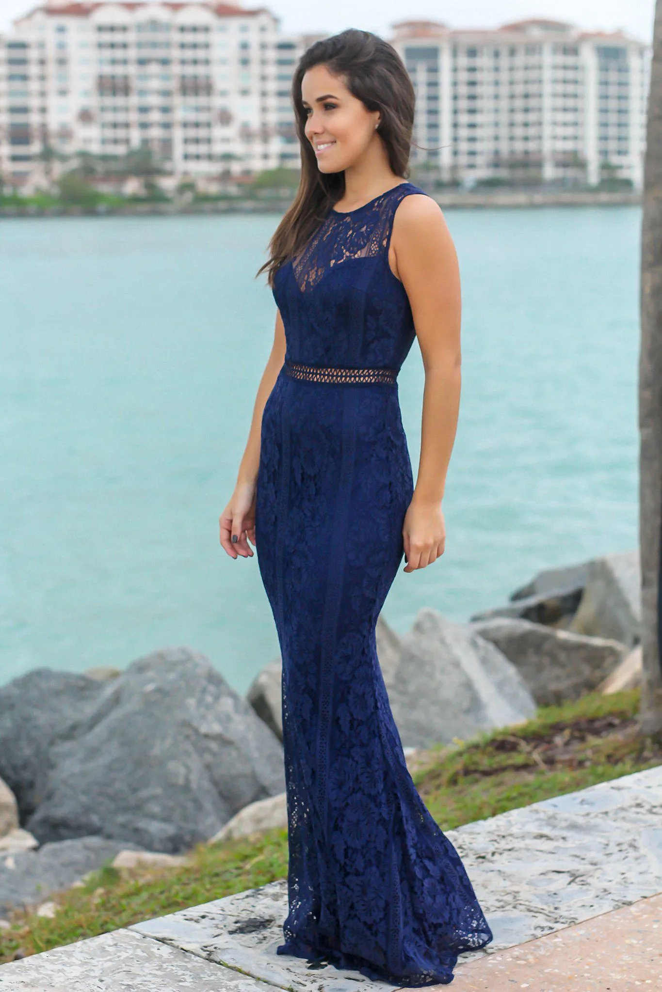 Navy High Neck Lace Maxi Dress