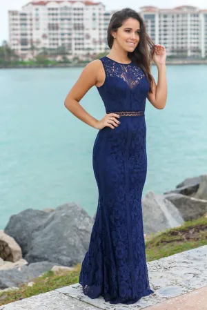 Navy High Neck Lace Maxi Dress