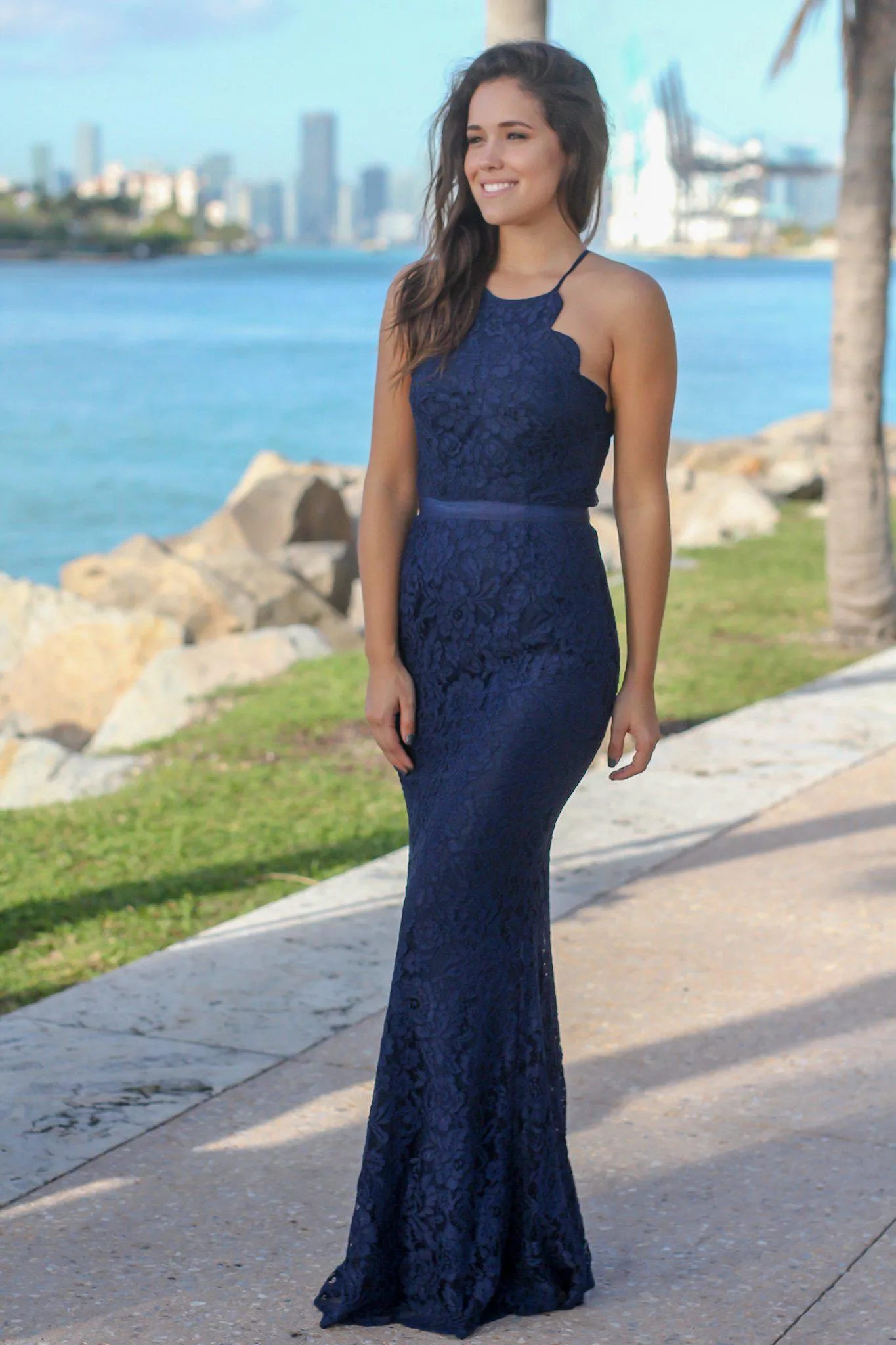 Navy Lace Maxi Dress with Criss Cross Back