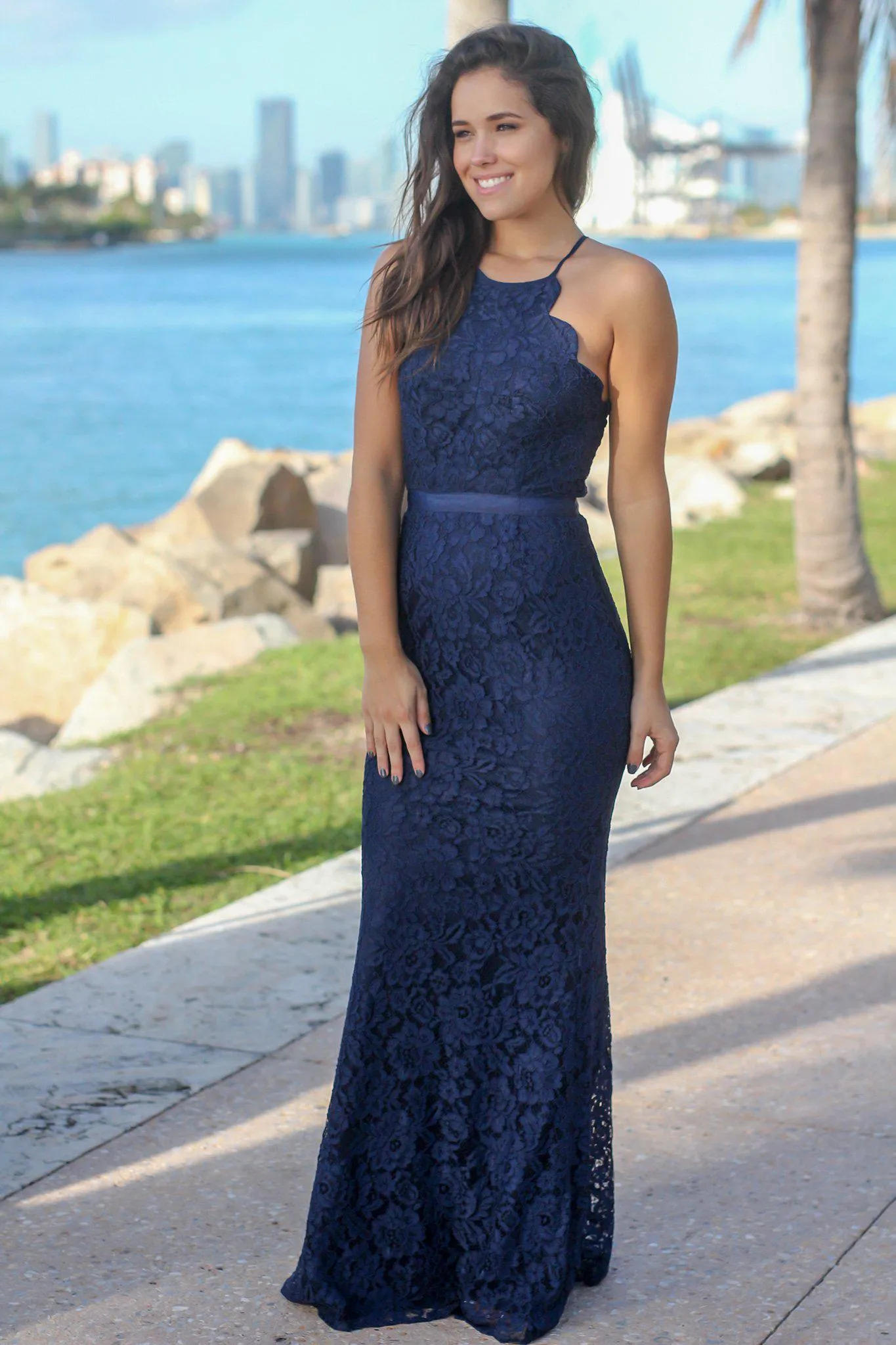 Navy Lace Maxi Dress with Criss Cross Back