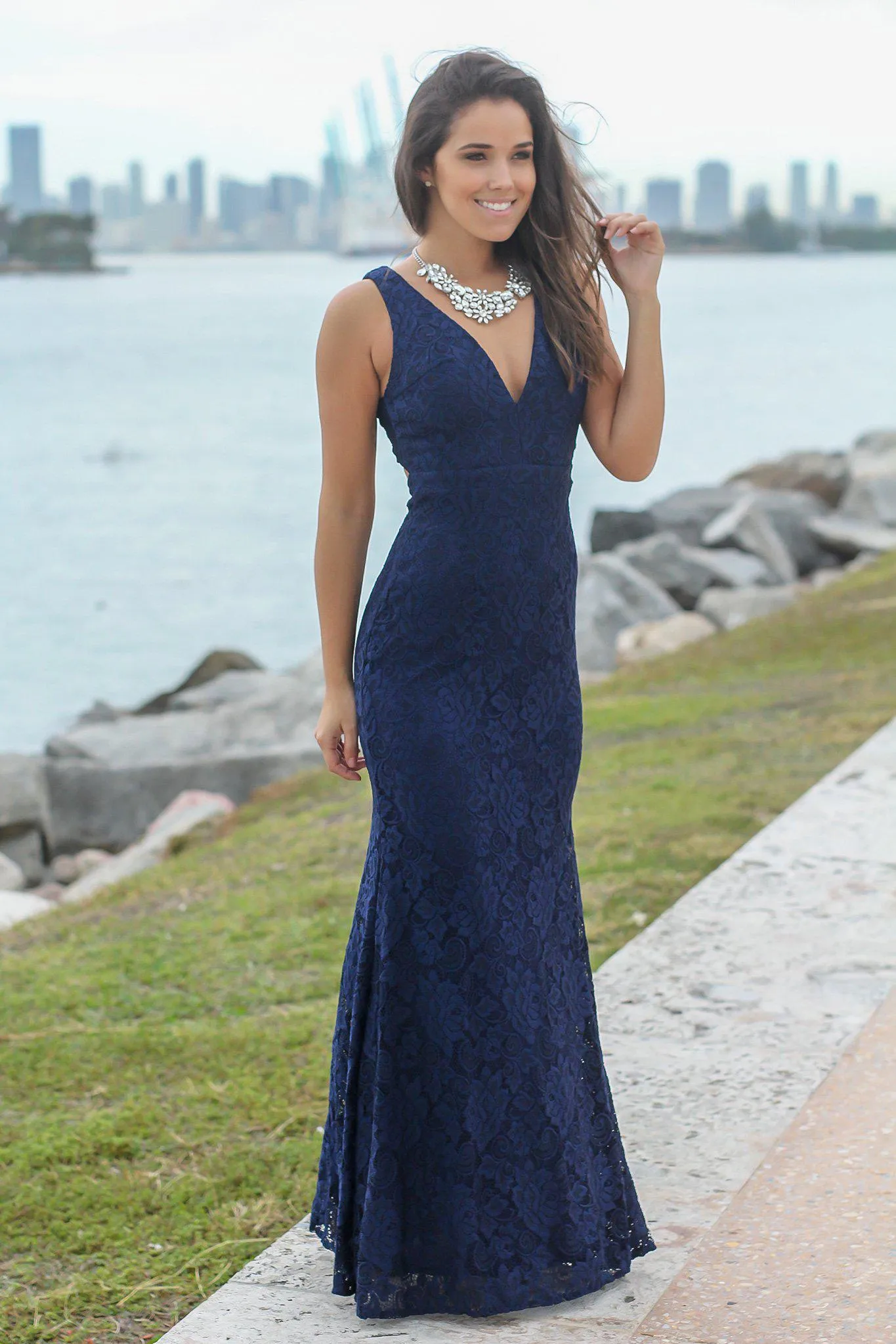 Navy Lace Maxi Dress with Open Back