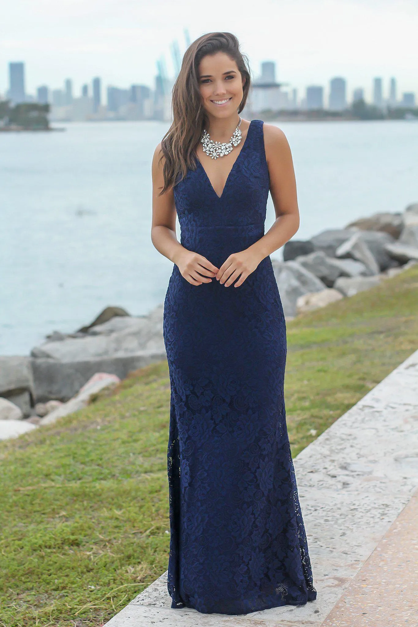 Navy Lace Maxi Dress with Open Back