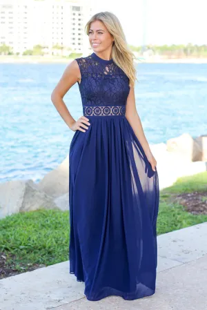 Navy Lace Mock Neck Maxi Dress