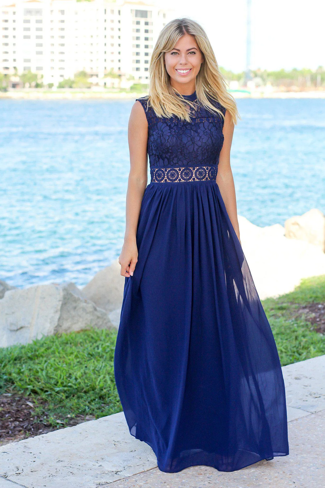 Navy Lace Mock Neck Maxi Dress