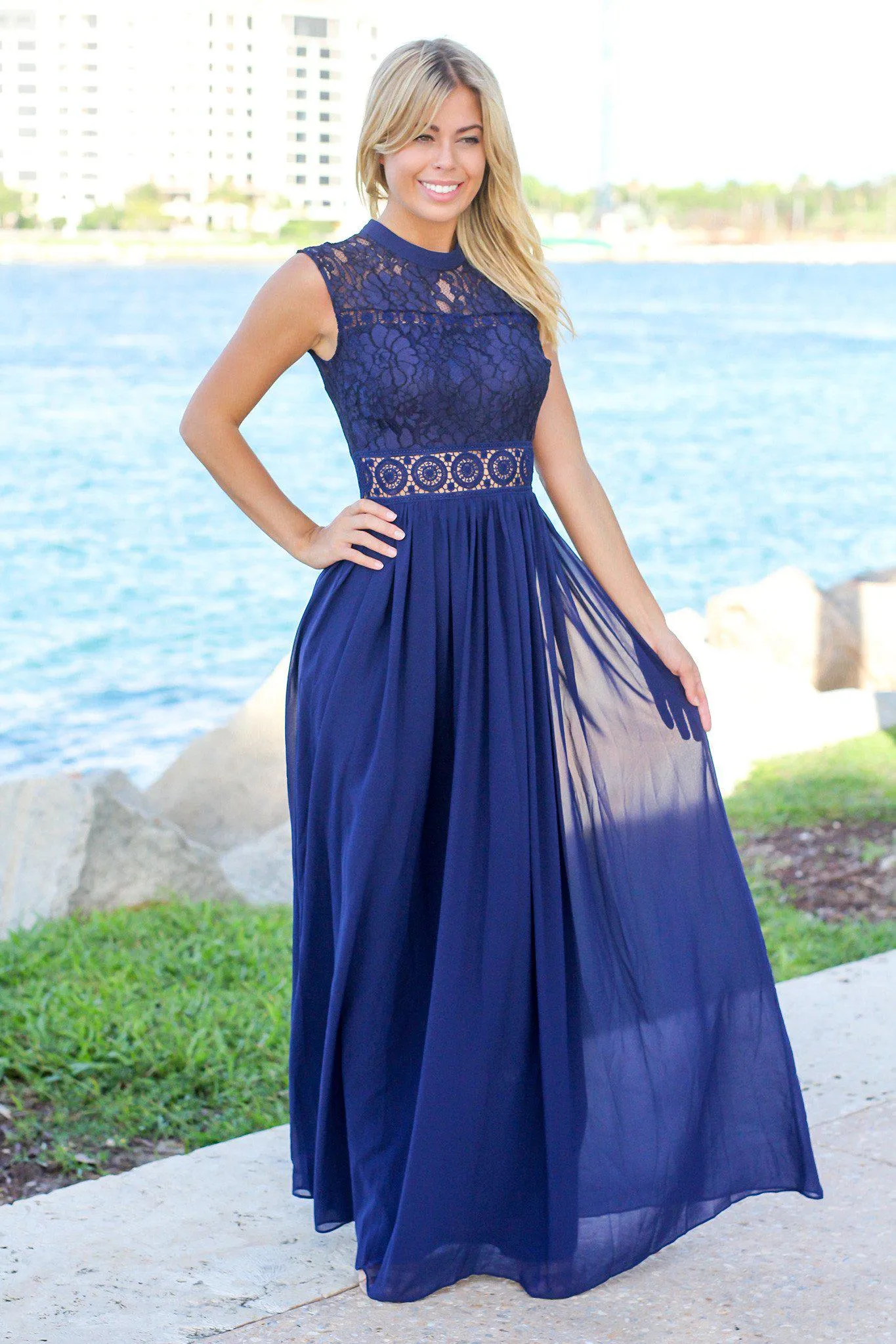 Navy Lace Mock Neck Maxi Dress