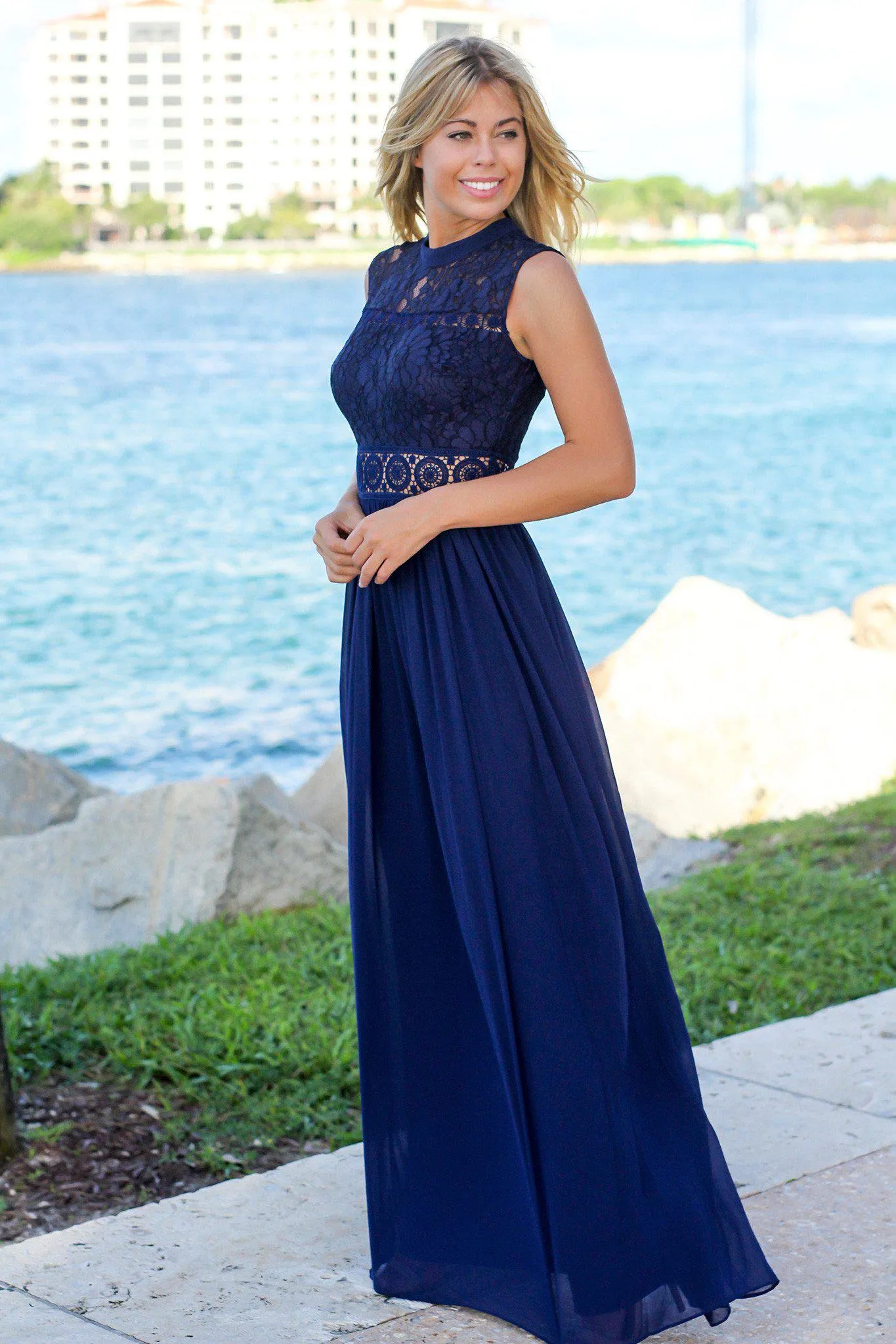 Navy Lace Mock Neck Maxi Dress