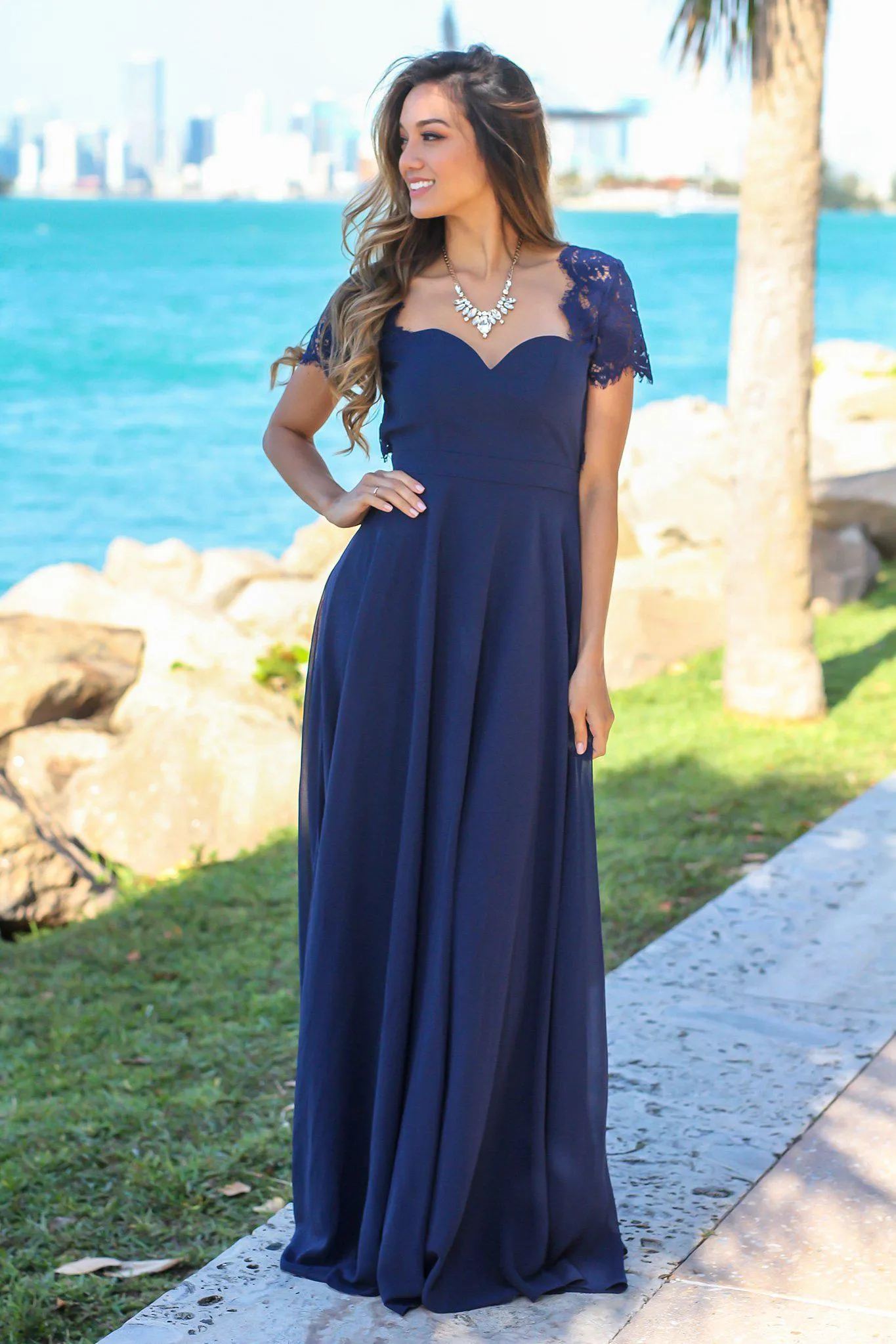 Navy Maxi Dress with Open Back and Lace Detail