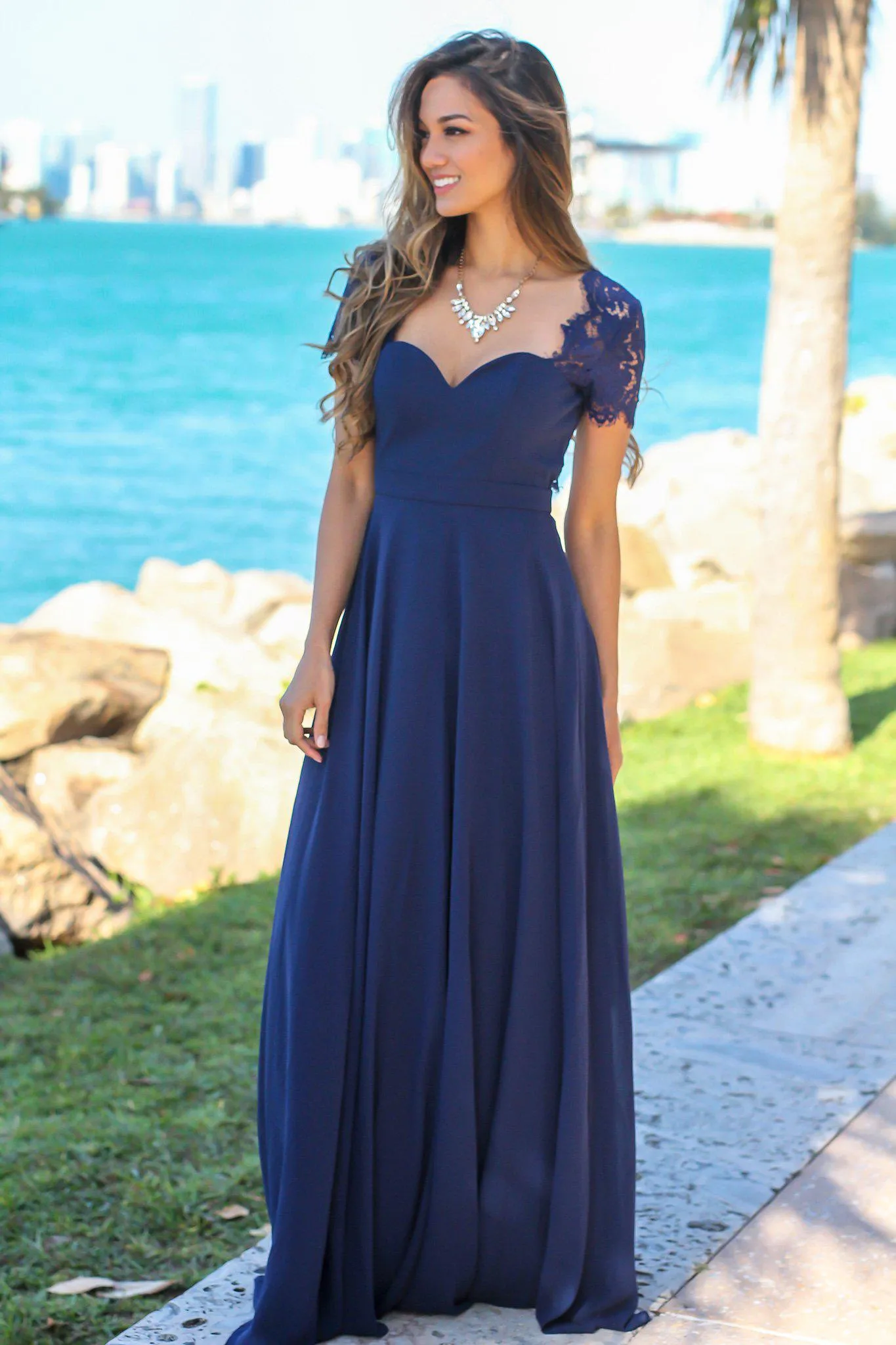 Navy Maxi Dress with Open Back and Lace Detail