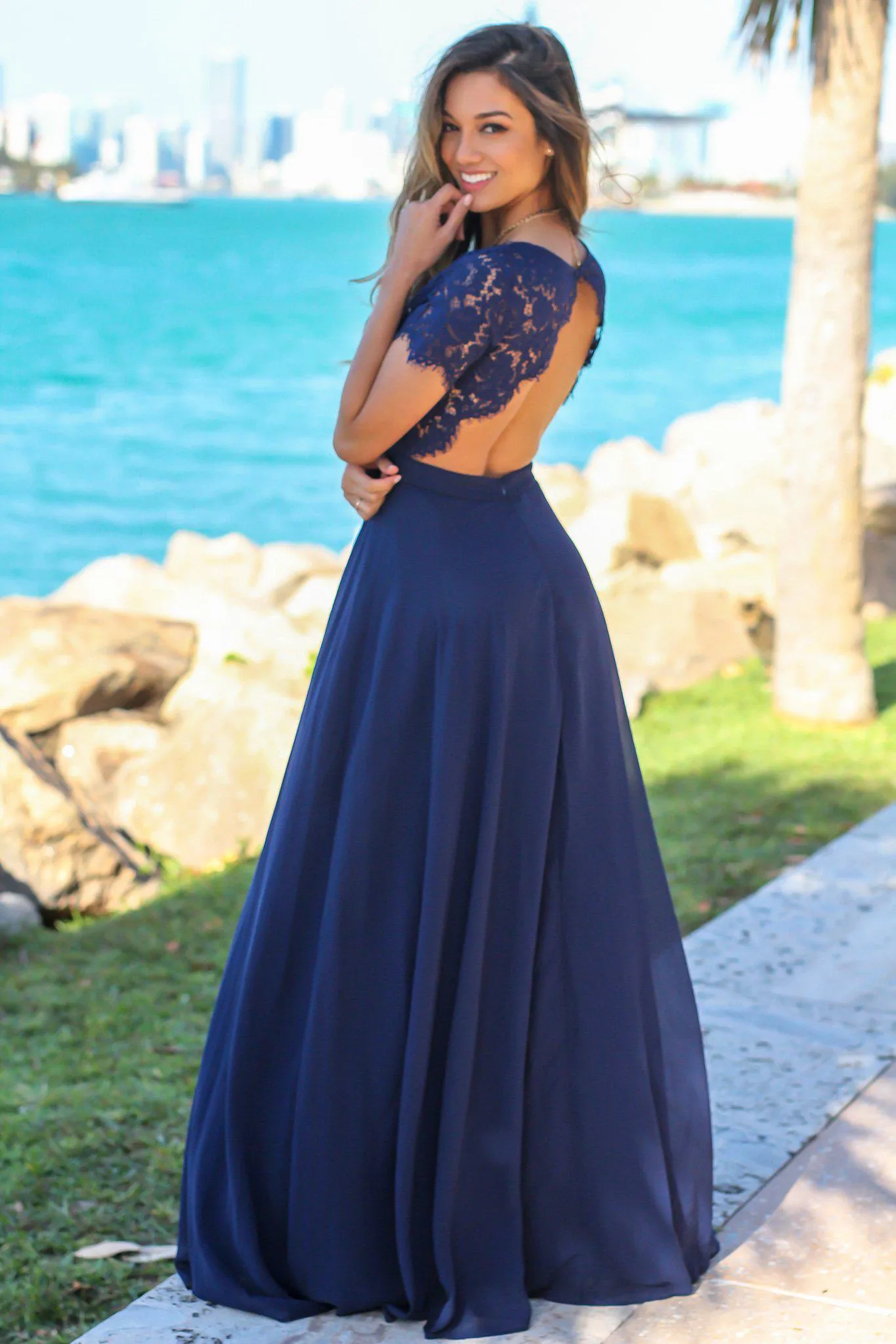 Navy Maxi Dress with Open Back and Lace Detail