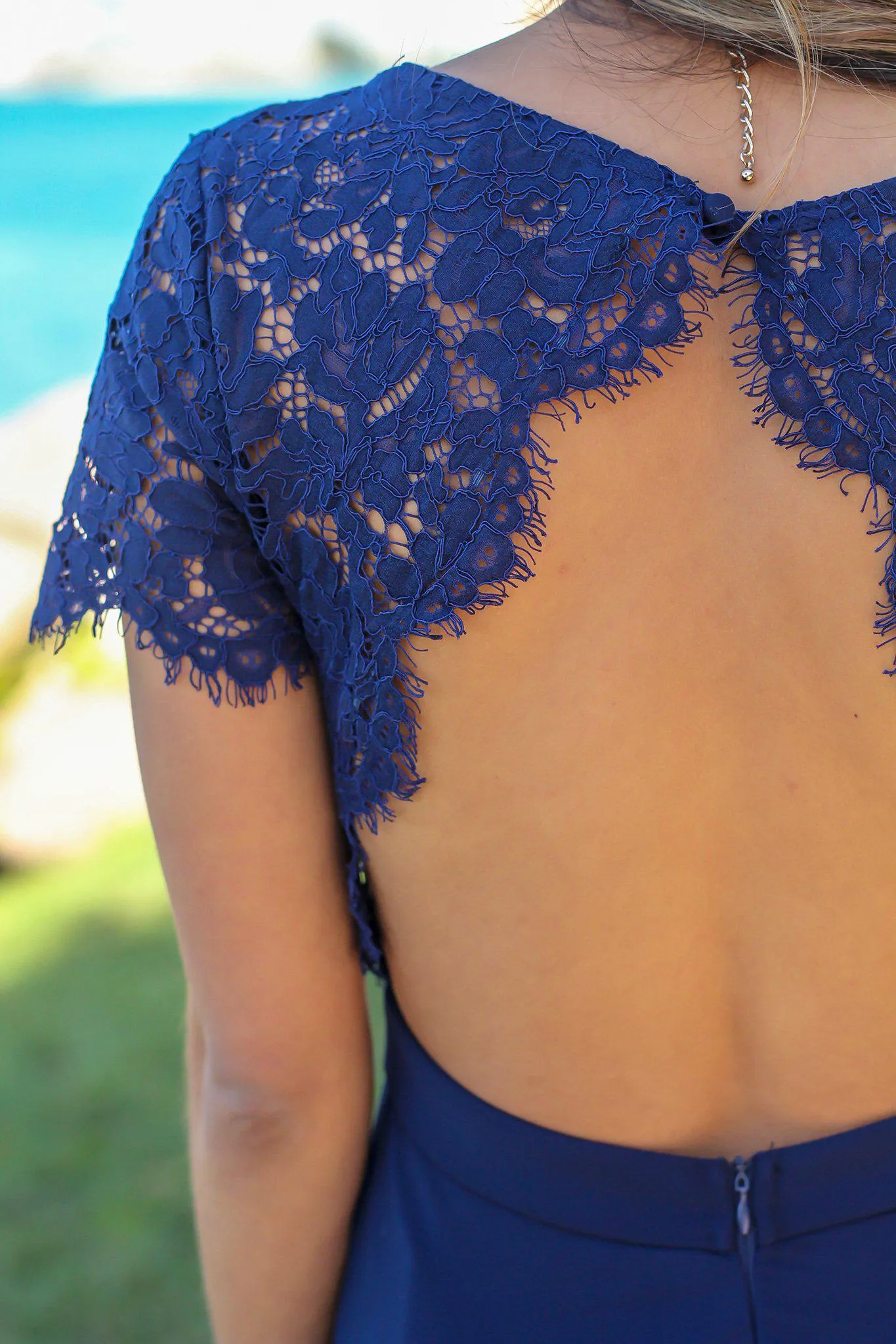 Navy Maxi Dress with Open Back and Lace Detail