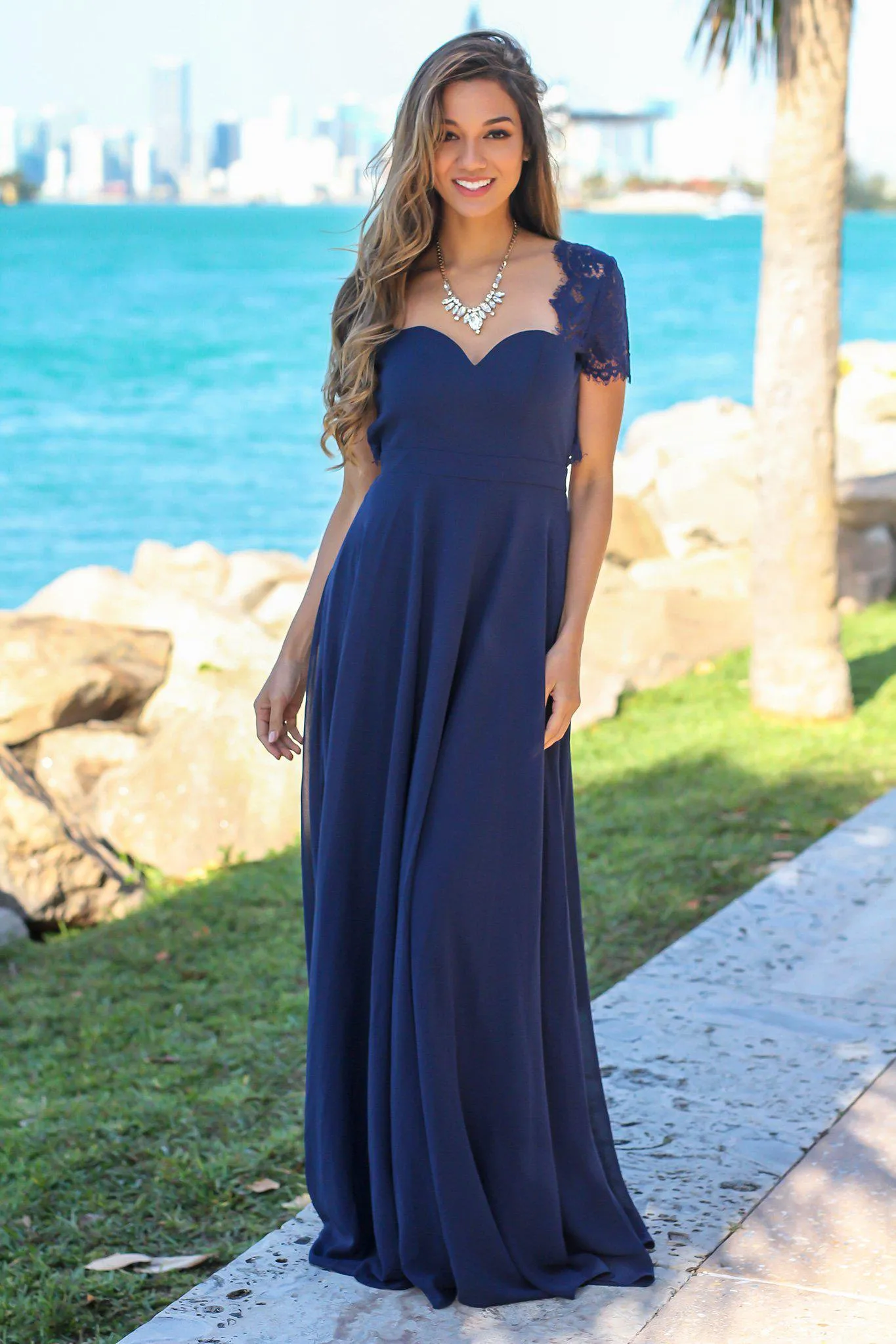 Navy Maxi Dress with Open Back and Lace Detail