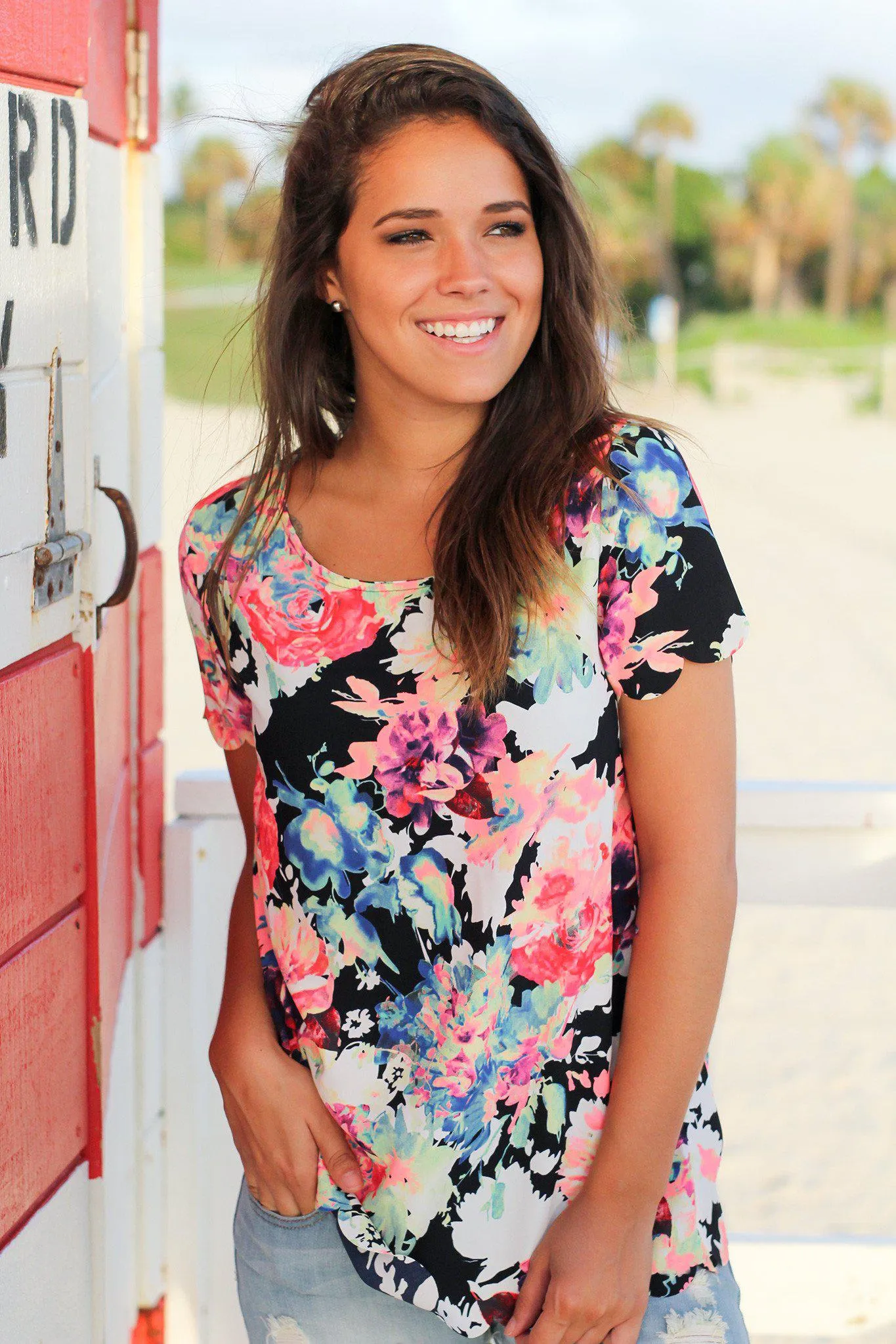 Neon Floral Scalloped Top