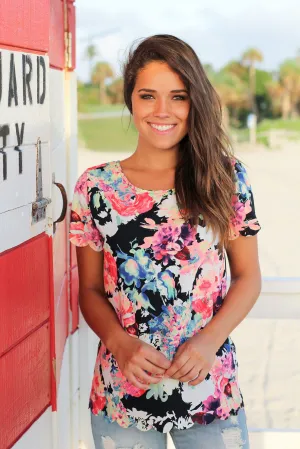 Neon Floral Scalloped Top