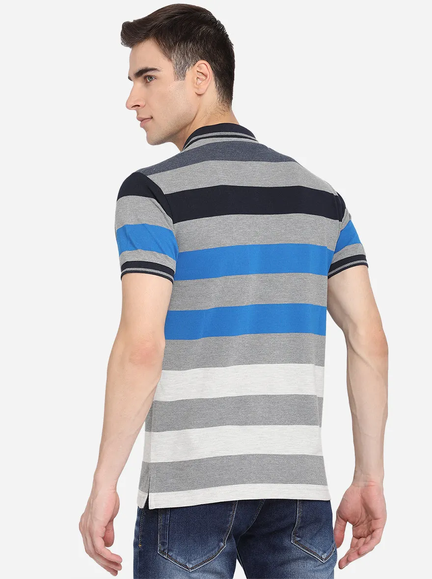 Neutral Grey Striped Slim Fit Polo T-Shirt | Greenfibre