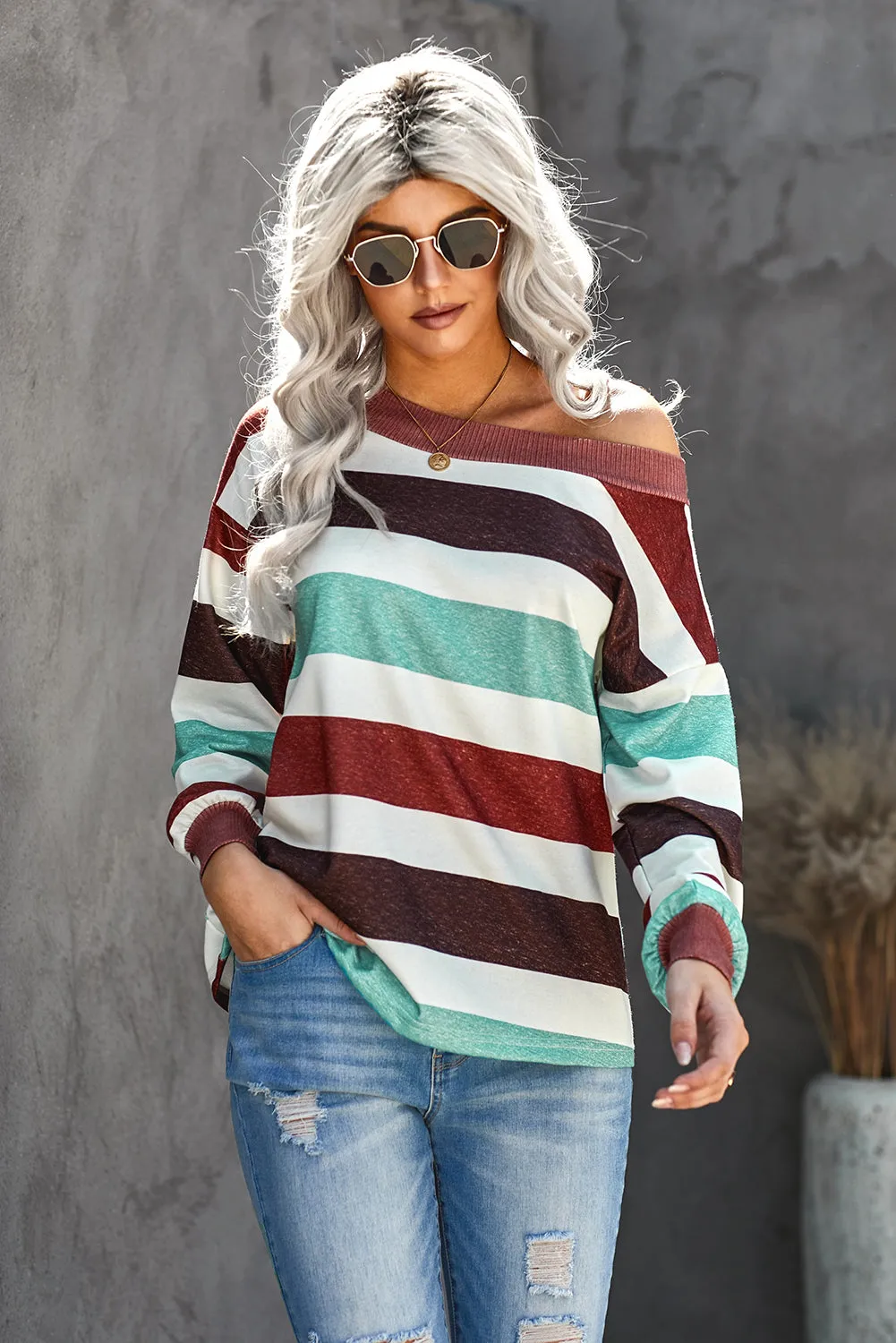 One Shoulder Striped Color Block Top