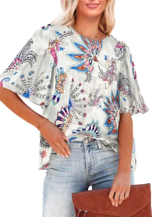 Paisley - Multicolor Women's Casual Floral Print Short Sleeve Flowy Babydoll Tops