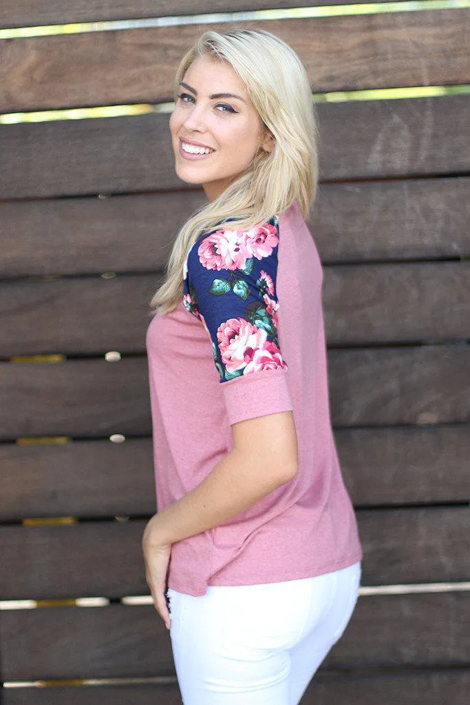 Pink Top With Floral Short Sleeves