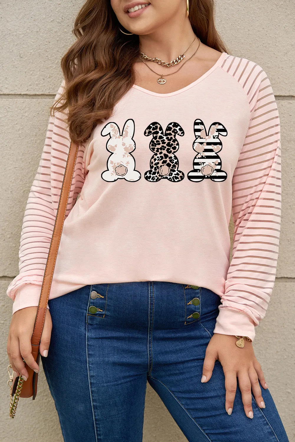 Plus Size Bunny Graphic V Neck T-Shirt for Women Sheer Striped Long Sleeve Top