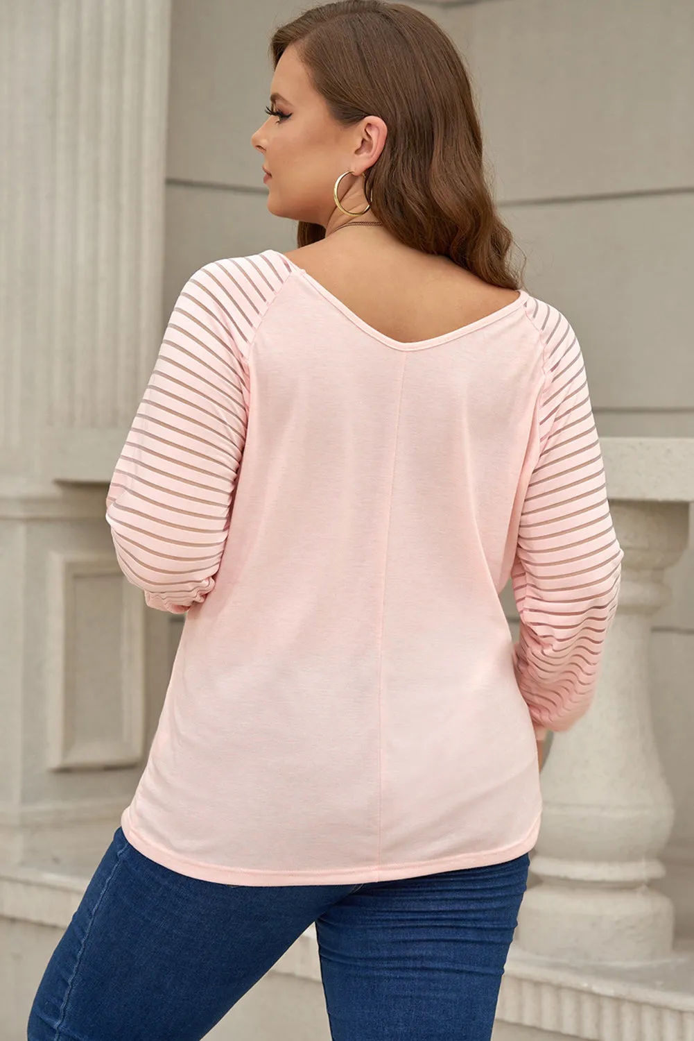 Plus Size Bunny Graphic V Neck T-Shirt for Women Sheer Striped Long Sleeve Top