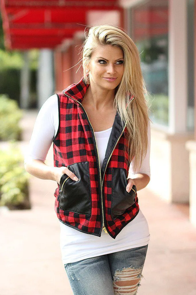 Red Plaid Hooded Vest