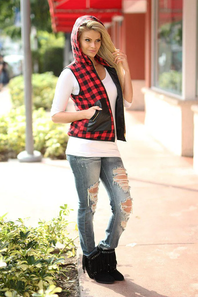 Red Plaid Hooded Vest