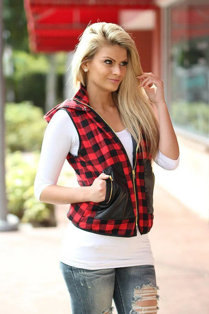 Red Plaid Hooded Vest