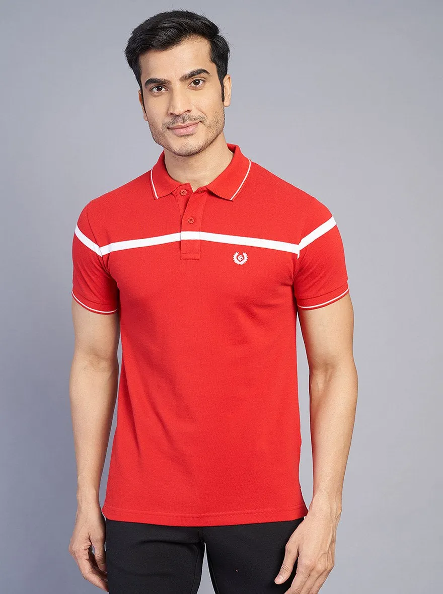 Red Striped Slim Fit Polo T-Shirt | Greenfibre