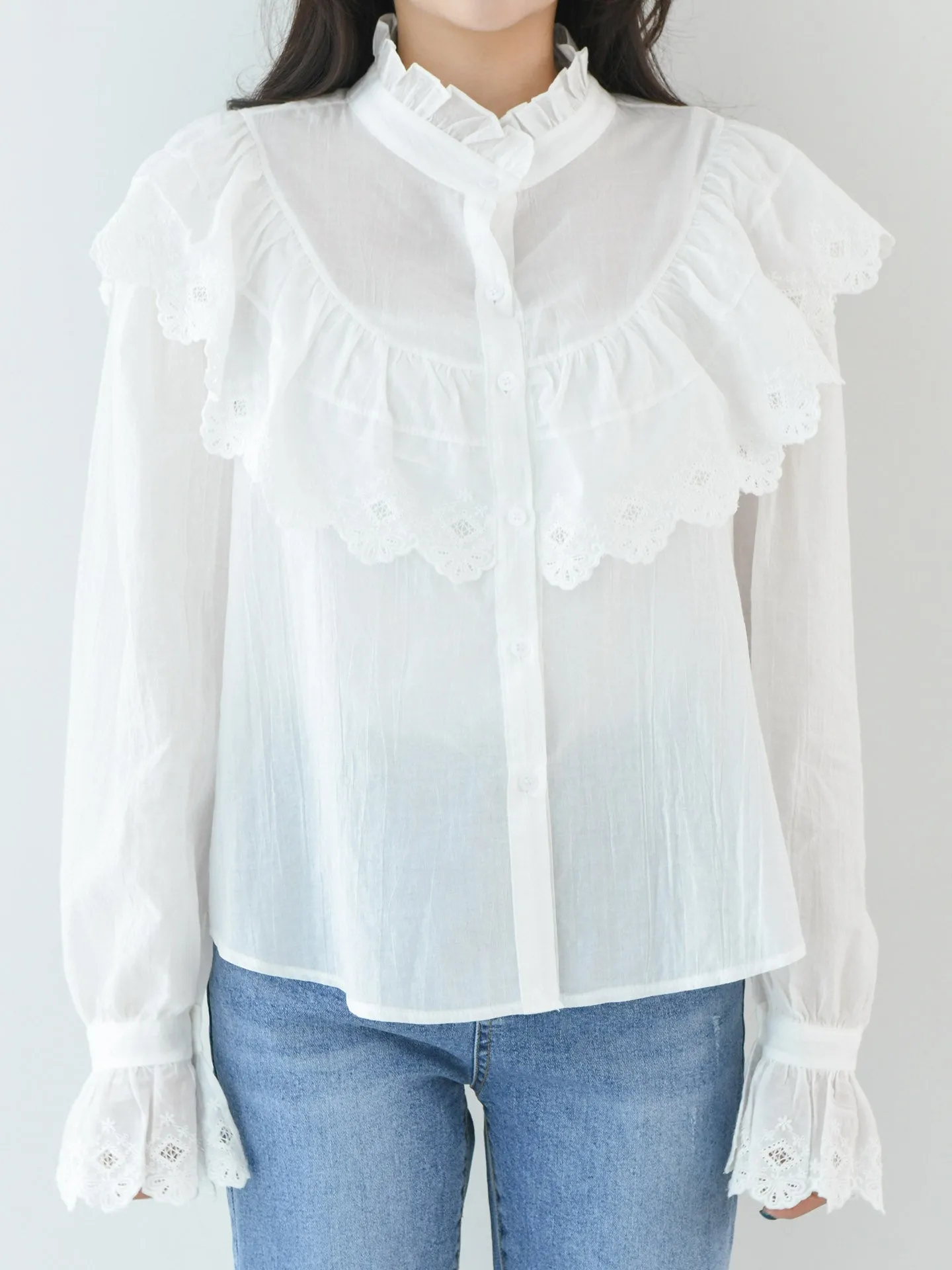 RUFFLE EMBROIDERED COTTON BLOUSE