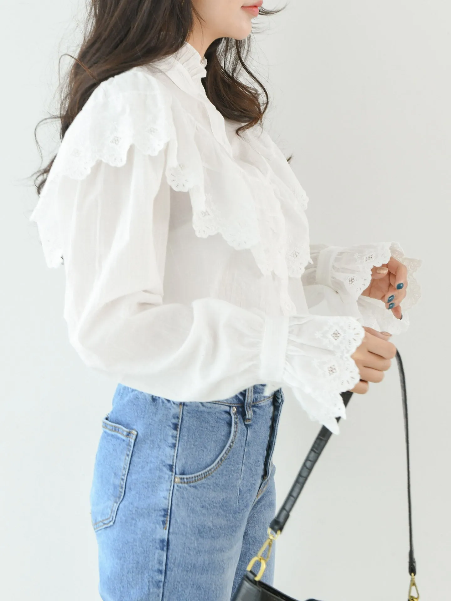 RUFFLE EMBROIDERED COTTON BLOUSE