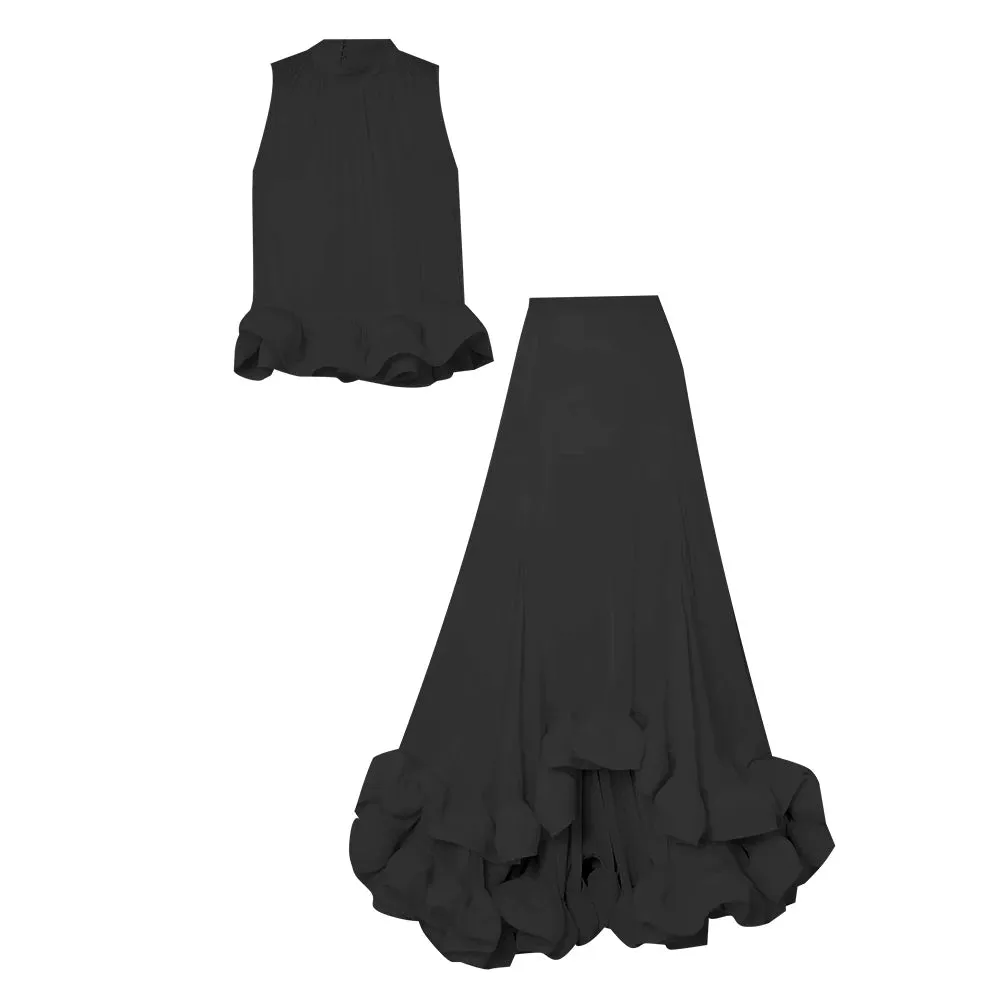 Ruffle Temperament Two Piece Set For Women Sleeveless Tops Pleated Irregular Hem Skirts Fashion Clothing Style